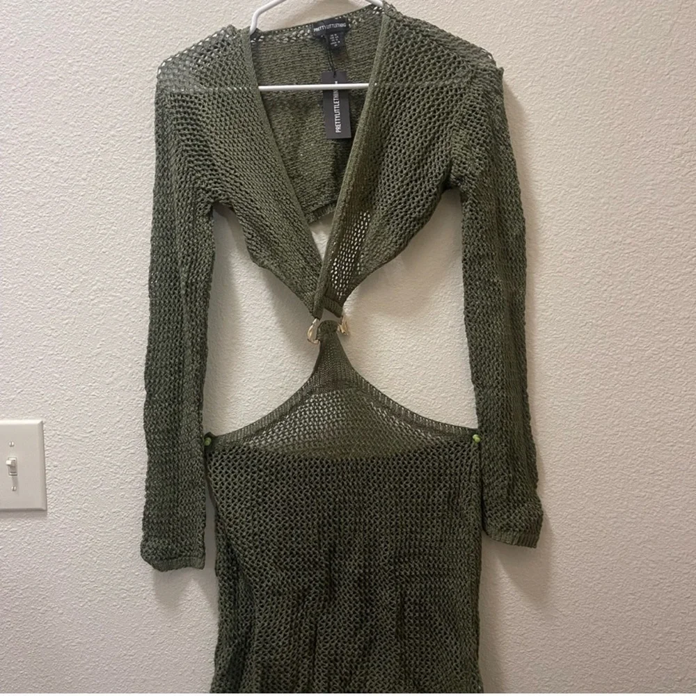 PrettyLittleThing Olive Mesh Cutout Dress - Picture 3 of 3